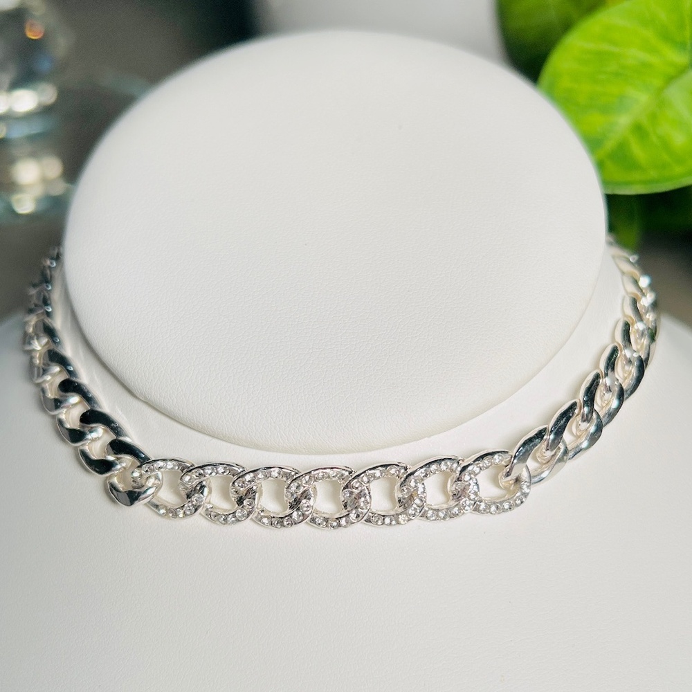 Silver Diamanté Link Chain Choker Necklace By PrettyLittle Thing, 13”-16” long